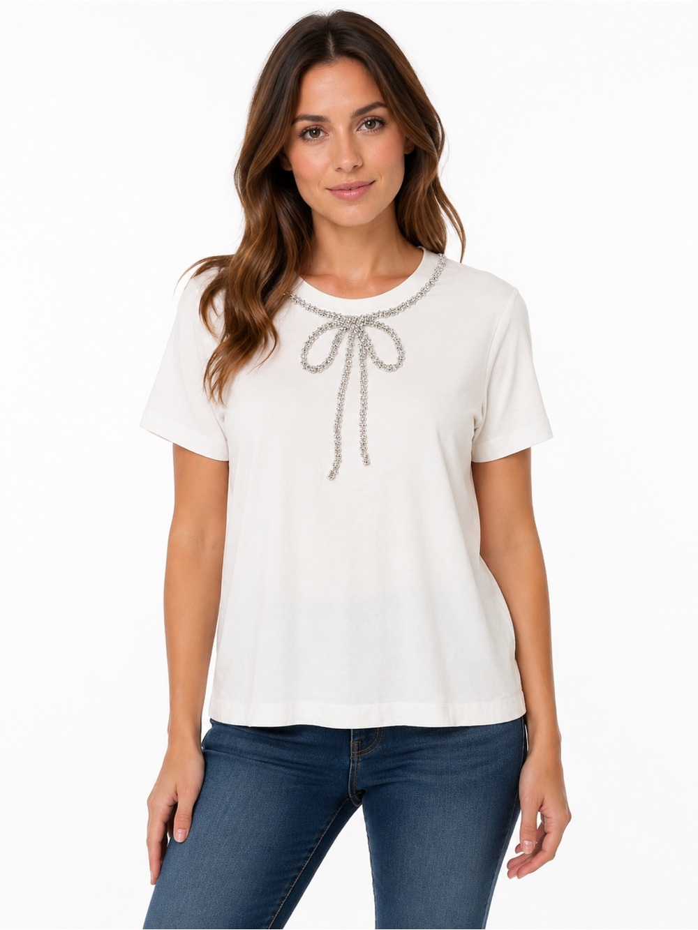 Maeve Anthropologie Rhinestone Bow Cotton Tee Size Small